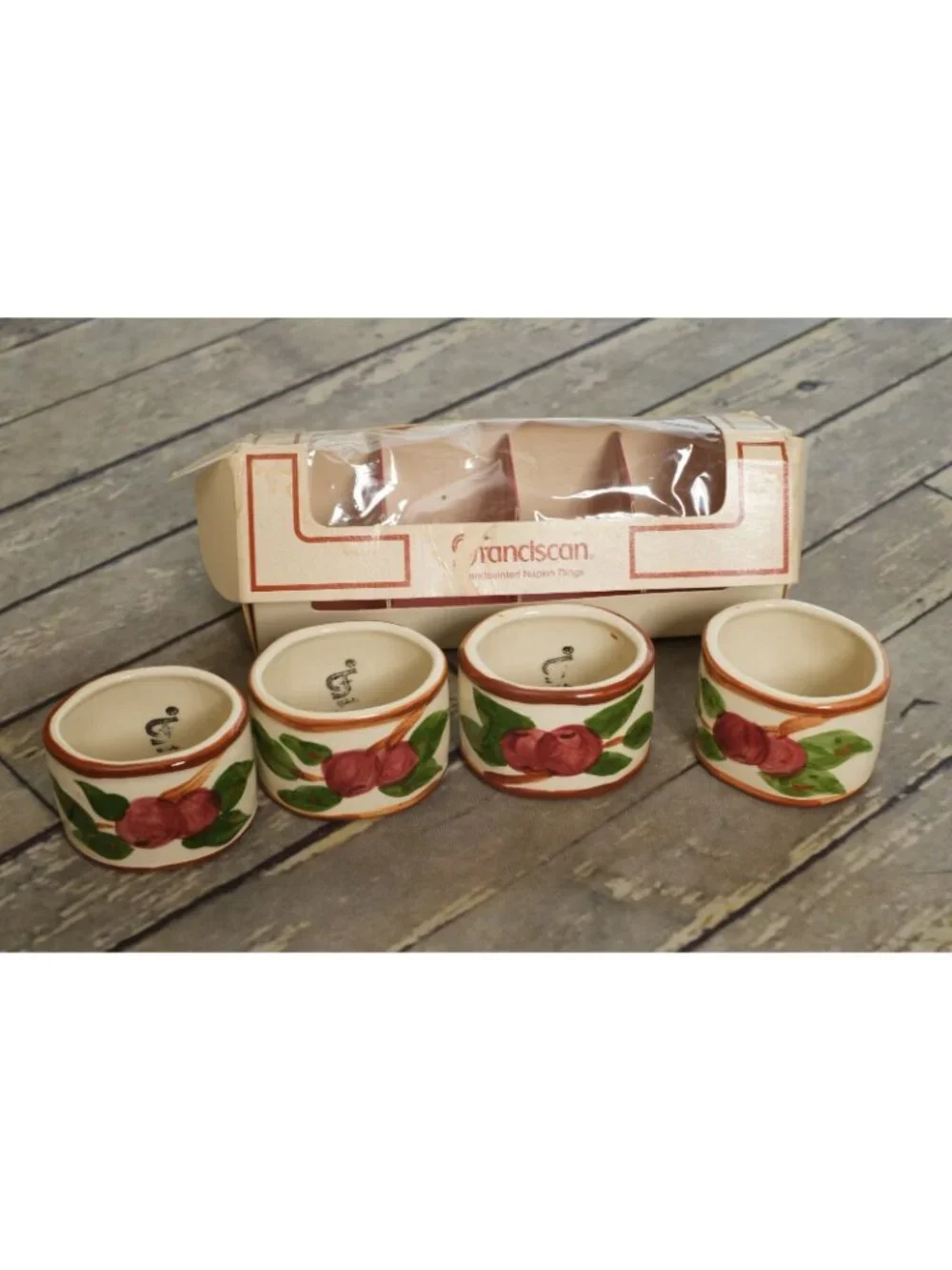 FRANCISCAN WARE Stoneware Hand Painted Apples Leaves Napkin Rings-Set 4 NOS